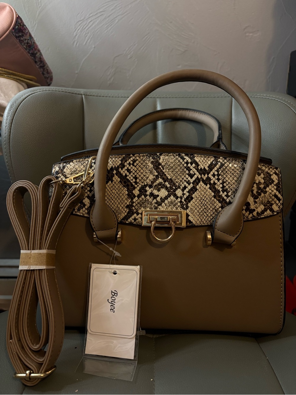 Women’s Taupe Handbag with Snake-Print Accent